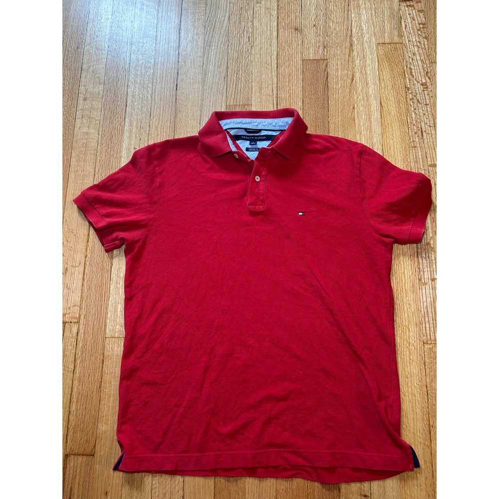 Tommy Hilfiger Mens Red Custom Fit Short Sleeve Cotton Pique Polo Shirt Size L